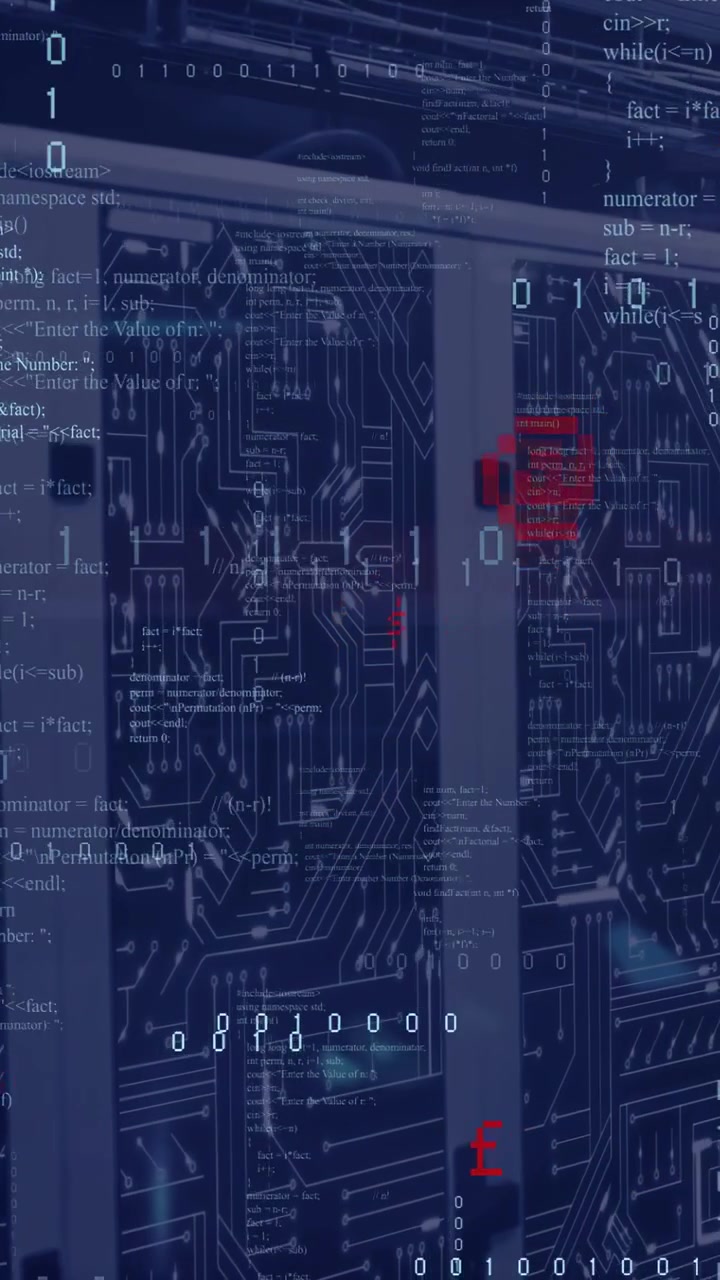 Vertical video: Circuit overlay starting on server racks binary drifting flashing showing data flow