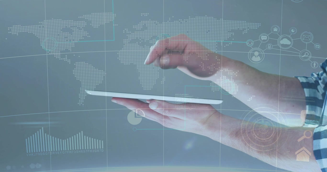 Holding tablet, icons fading, right hand tapping, pinching, swiping holographic data navigation