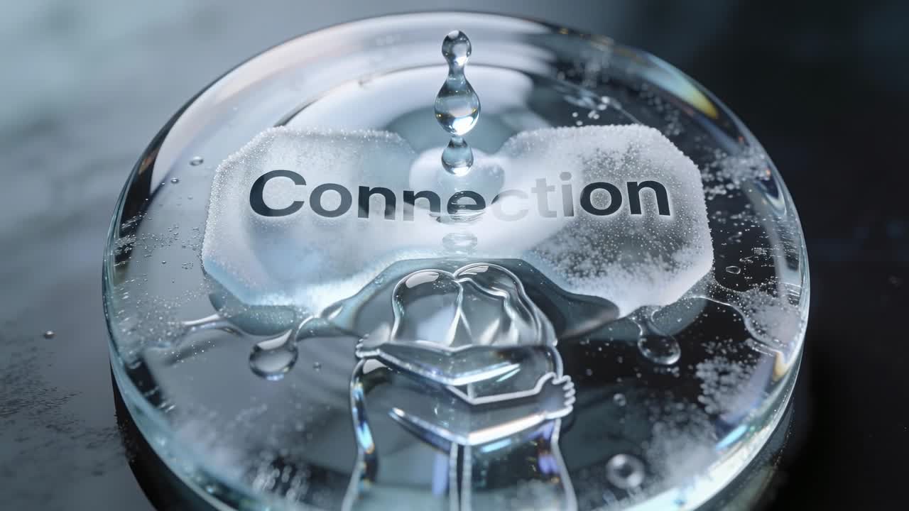 Thin stream dropping droplets, striking disc on dark table, revealing Connection and hugging relief