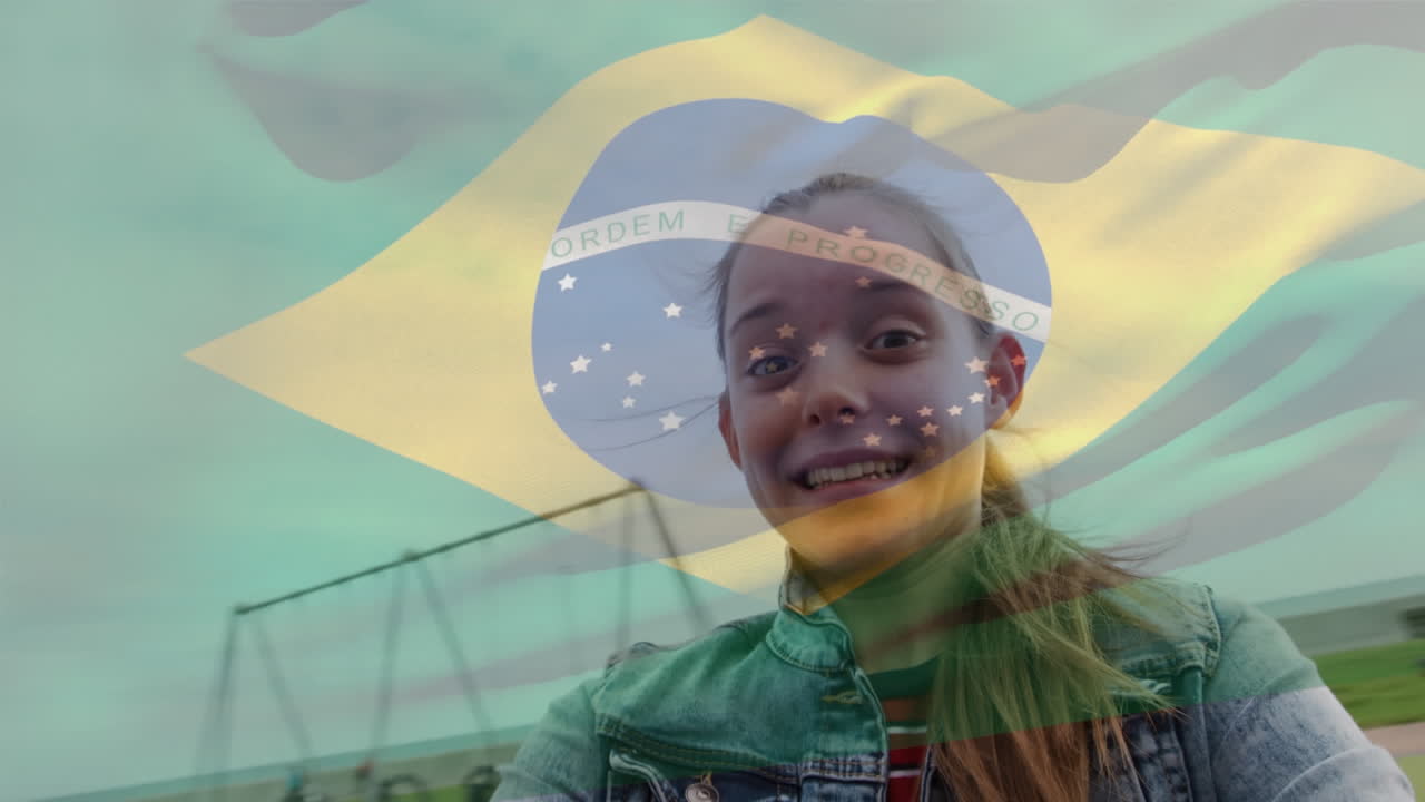 Animação da bandeira do Brasil sobre mulher caucasiana feliz na orla marítima