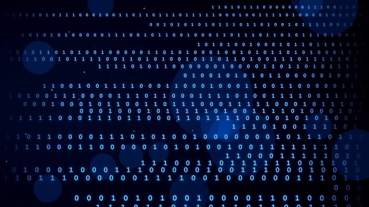 Digital Binary Code Streaming on Dark Blue Background