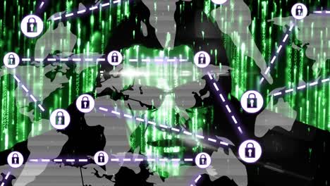 animación de la red de conexiones con iconos de seguridad de candado sobre hacker