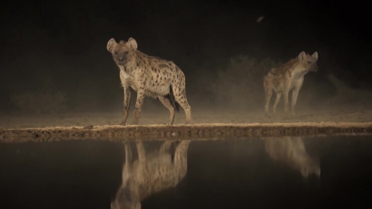 Hyena at night, Nocturnal Africa Safari Animals on African Wildlife Nature Safari at a Watering Hole in the Savannah at Night in the wild in Natural Savanna Habitat.