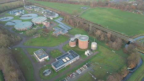 aerial of small sewage water treatment plant in a rural area