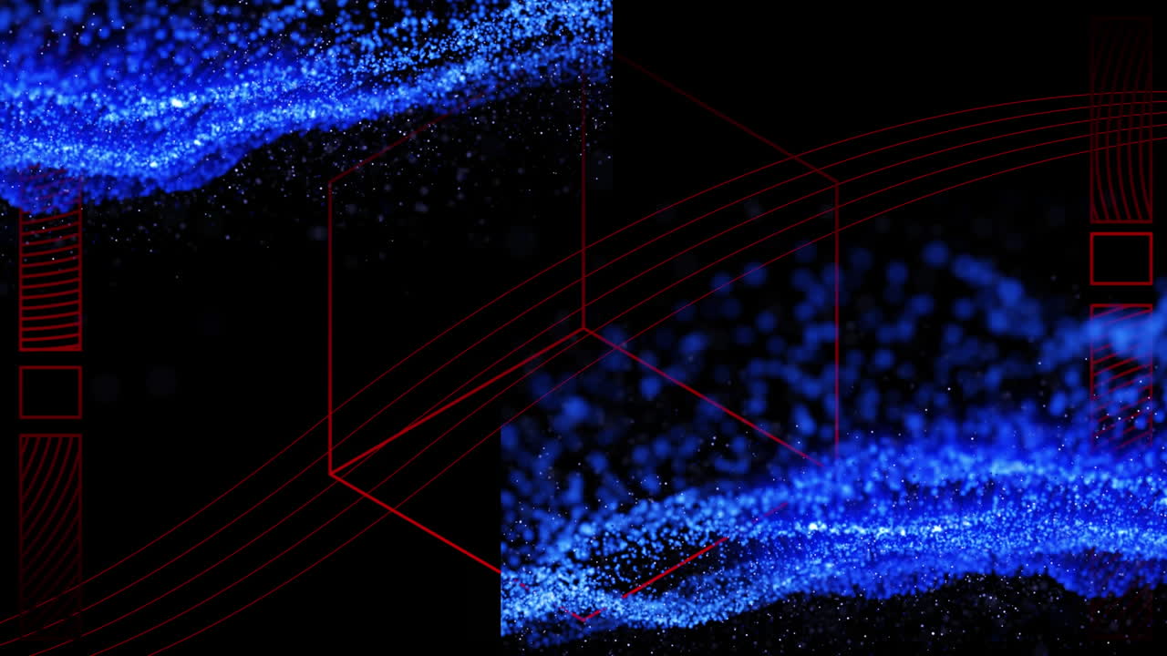 Animation of blue wave over white red geometrical shapes on black background