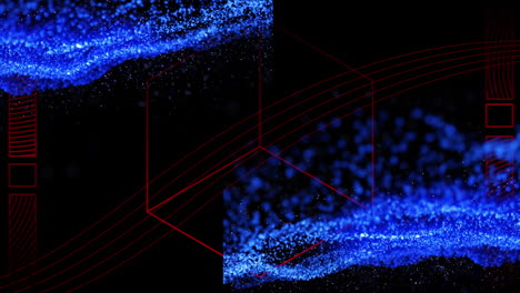 animación de onda azul sobre formas geométricas rojas blancas sobre fondo negro