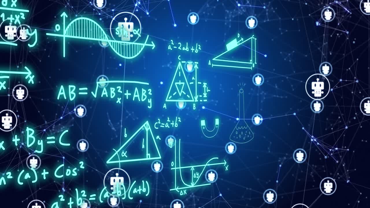 Animation of ai text and icon, data processing over mathematical equations