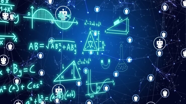 Animation of ai text and icon, data processing over mathematical equations