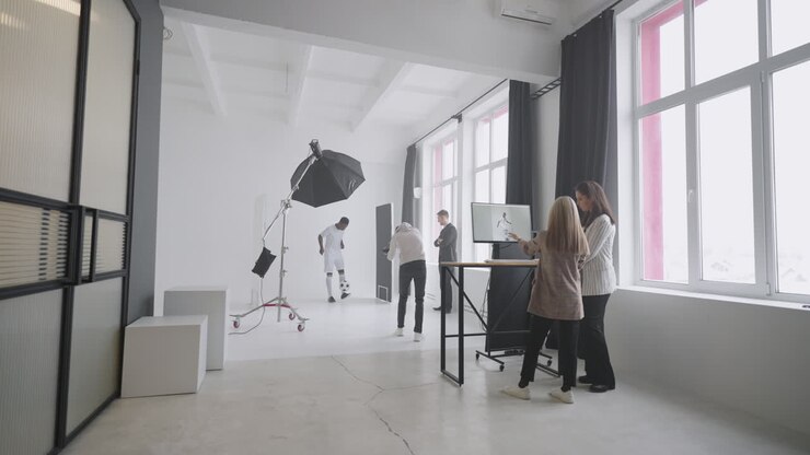 una squadra di fotografi professionisti sta fotografando un calciatore in studio. un giocatore afro-americano sta posando per la telecamera.