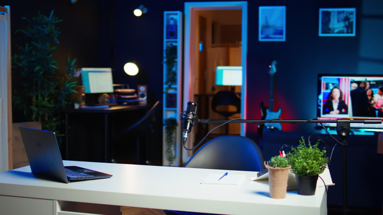 Panoramabillede af tomt hjemmestudie med udstyr til indholdsskabelse