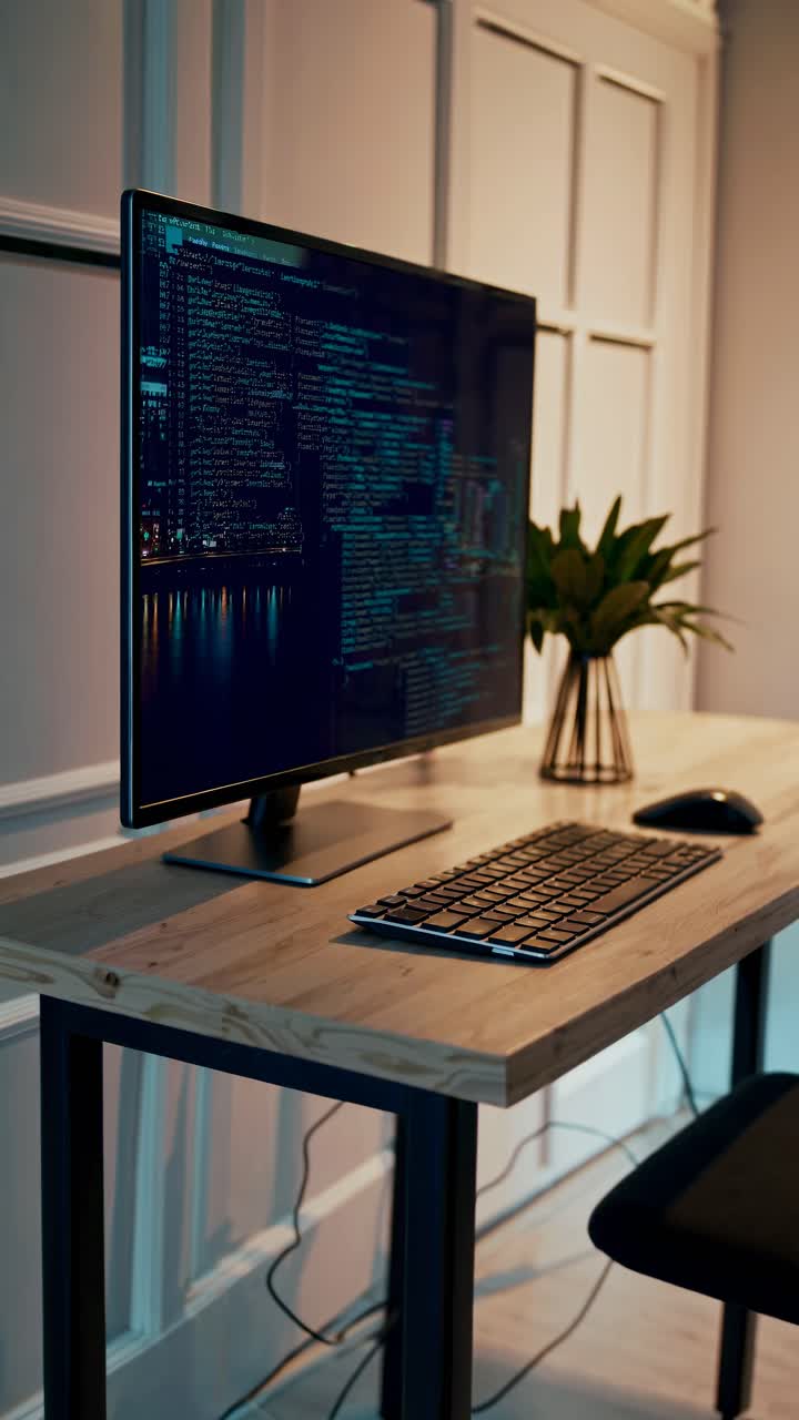 A side-angle shot of a modern desk setup with a monitor displaying code, keyboard, and plant
