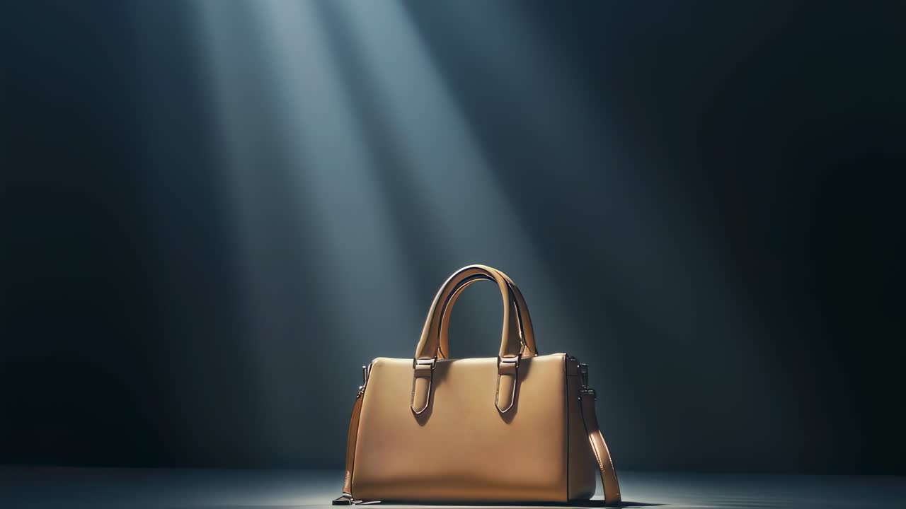 Luxurious handbag glowing under dramatic light, highlighting designer craftsmanship against shadowy backdrop, emphasizing sophisticated elegance