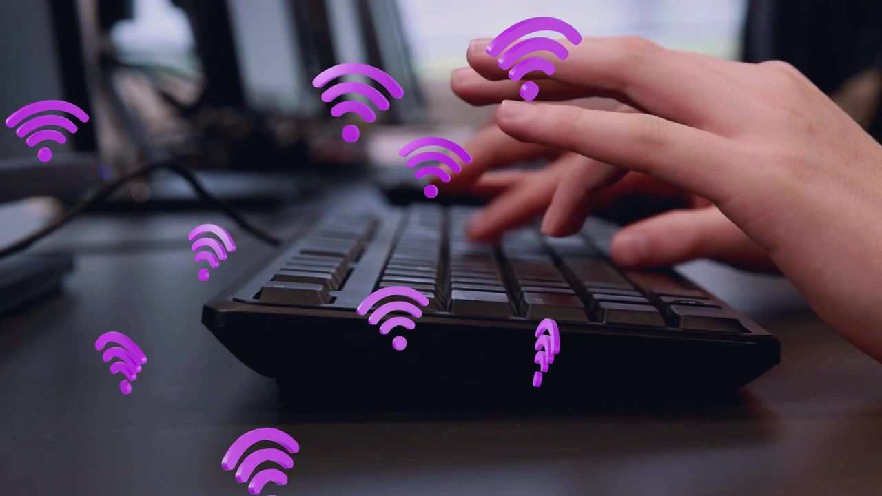 First key starting purple icons, hands moving into focus, typing on keyboard to show network