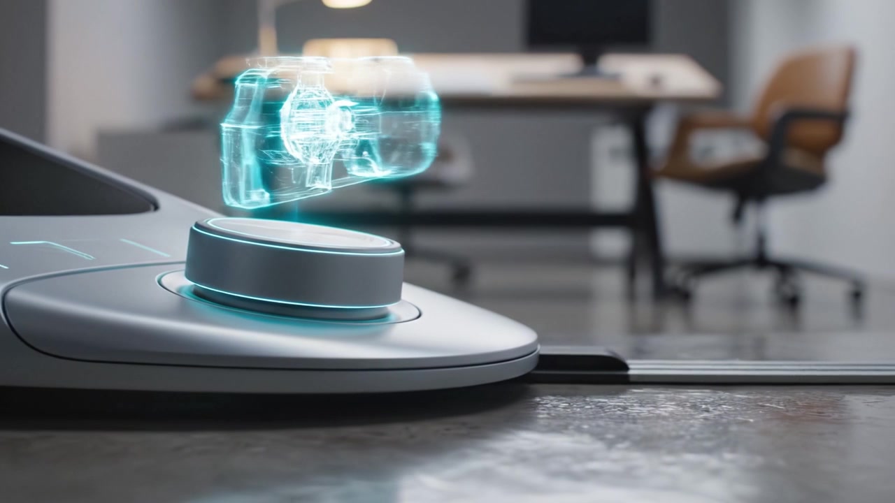 A futuristic robotic device on a sleek workspace, showcasing holographic technology and innovative design within a modern, minimalistic office environment.
