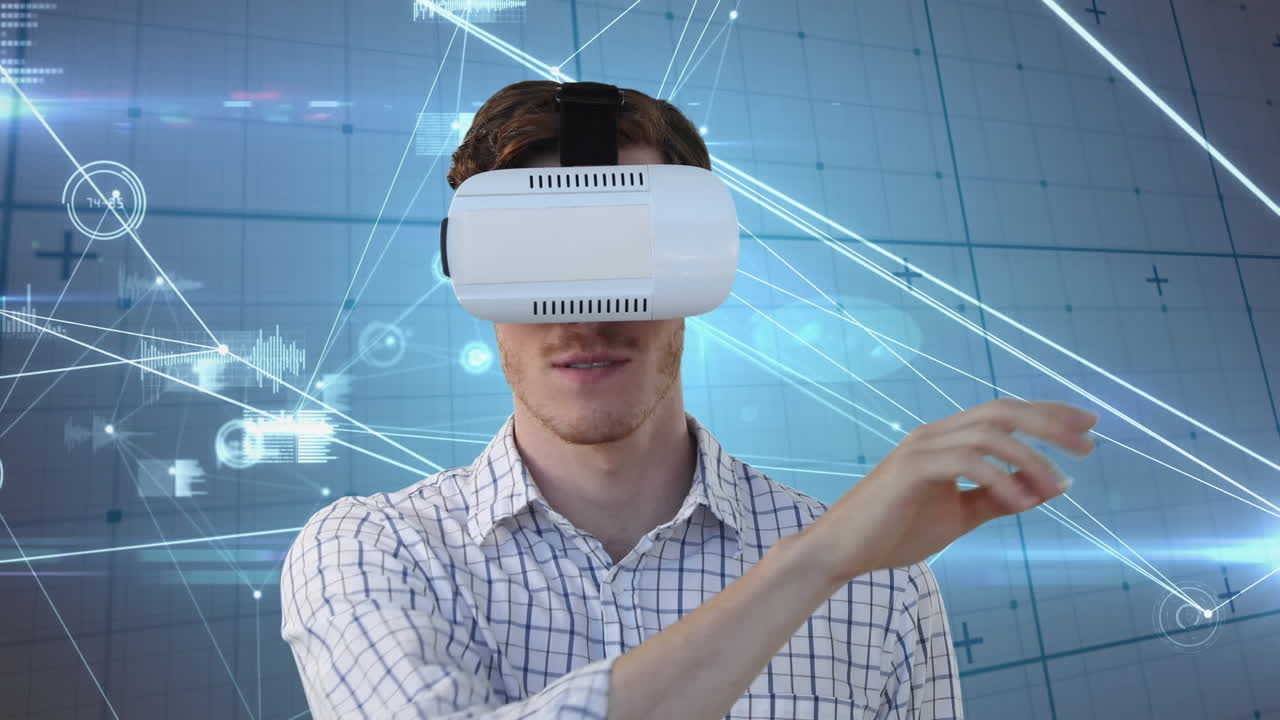 animación de un hombre de negocios con auriculares vr y una red de conexiones a través del procesamiento de datos