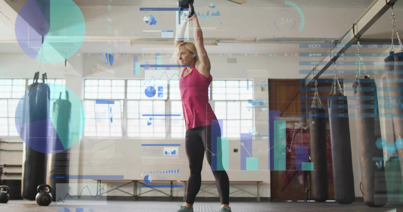 Woman doing KB swings in gym hinging hips and driving while HUD charts overlaying fitness data