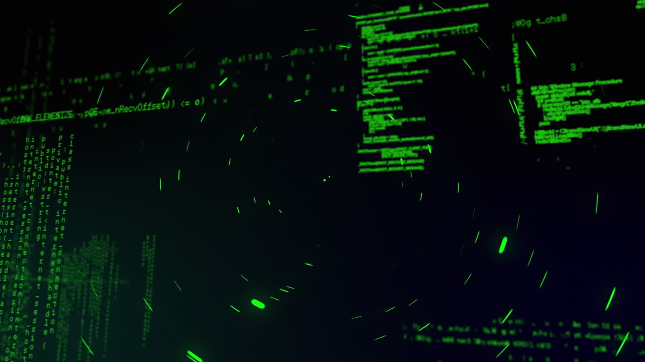 Animation of data processing in green on black background with red lights