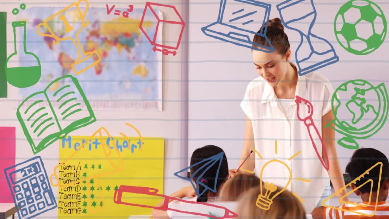 animación de iconos educativos y escolares sobre escolares diversos y maestras caucásicas