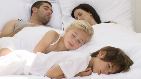 smiling daughter relaxing with her brother and parents in bed