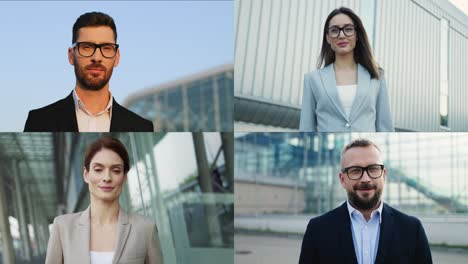 collage de diferentes hombres de negocios felices y mujeres de negocios en trajes de pie al aire libre en la ciudad