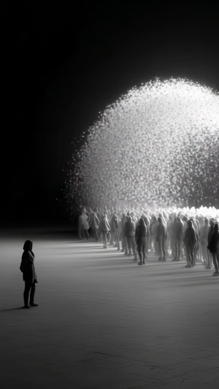 Una figura solitaria si staglia in contrasto con una massa di silhouette eteree, mentre una cascata ipnotizzante di luce e particelle forma un arco dinamico di movimento collettivo.