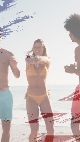 Animation-of-american-flag-over-diverse-group-of-friends-dancing-at-beach