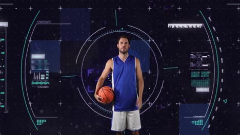 Animation-of-caucasian-male-basketball-player-over-scope-scanning-on-black-background