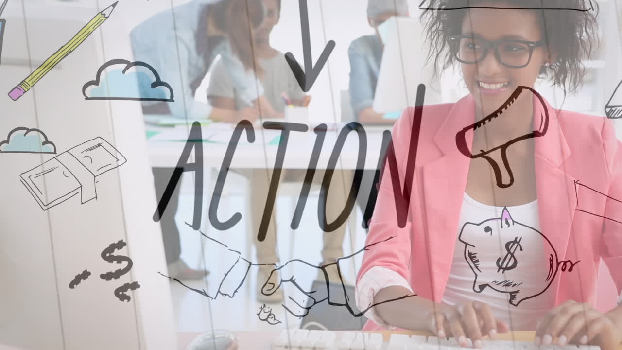 animación de textos de negocios sobre una mujer de negocios biracial usando computadora