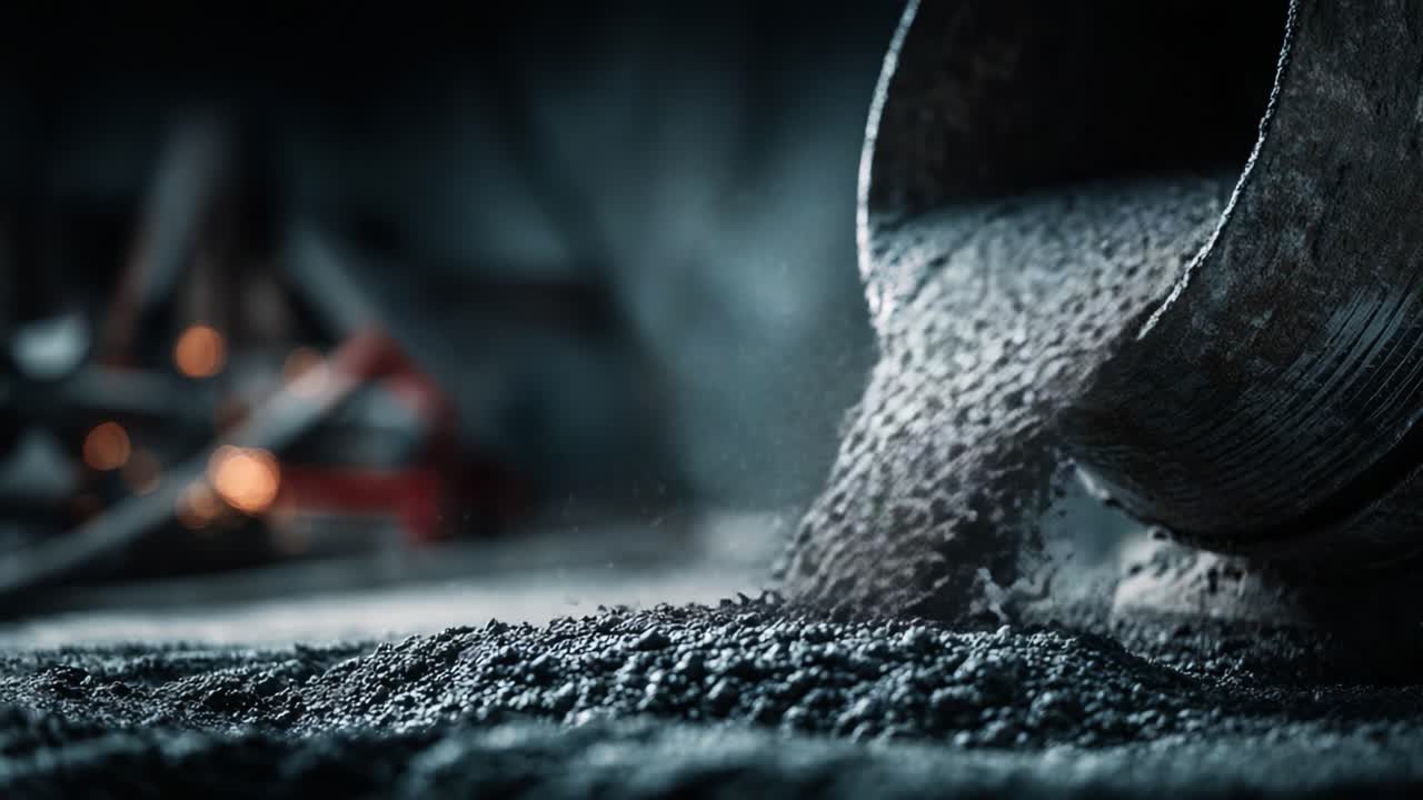 A Slow-Motion Capture of Metal Grain Falling from a Container, Creating a Piled Texture Against a Dimly Lit Background in an Industrial Setting