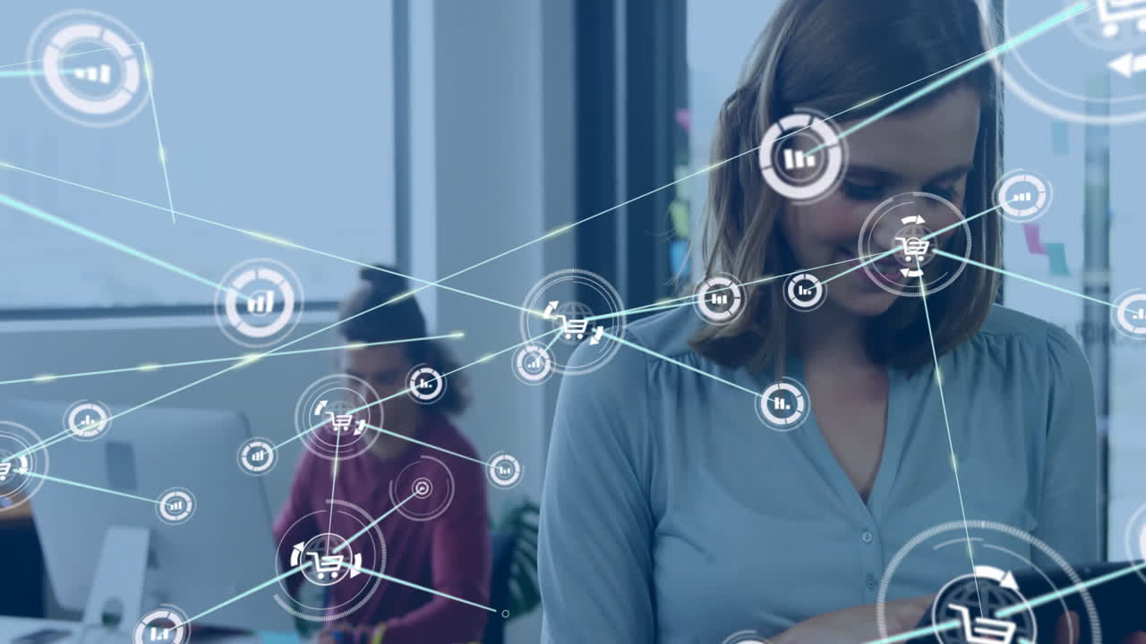 animación de una red de conexiones con iconos sobre una mujer de negocios caucásica que usa una tableta