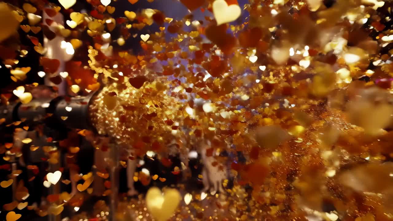 Cannone sinistro che spara, lanciando cuori di metallo nel salone degli eventi, ospiti che festeggiano in abiti formali