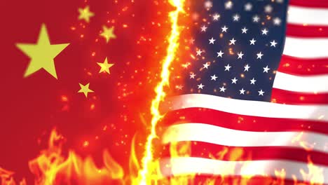 china versus america flag on fire loop animation