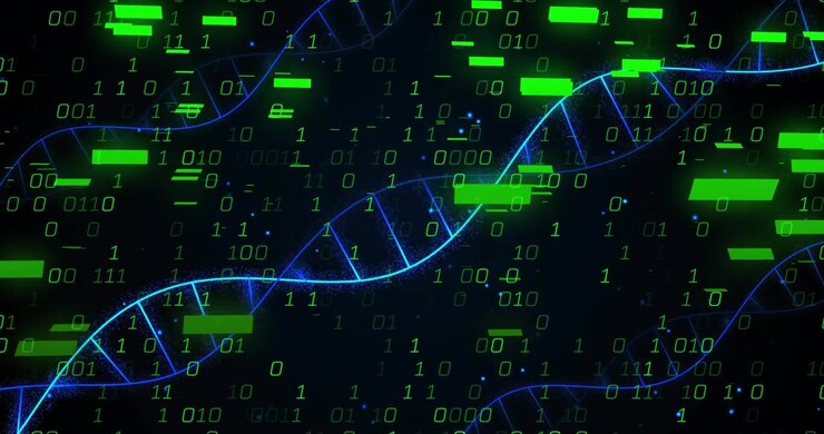 Green digits beginning, blue DNA helix extending as binary rain blocks pulsing for data saturation