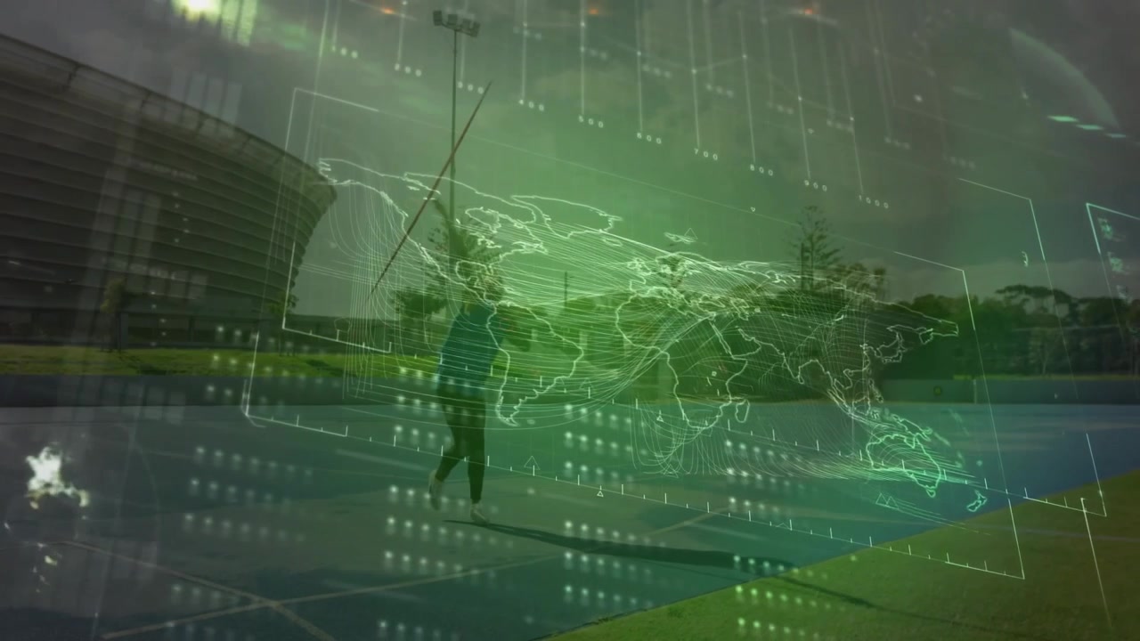 Holographic map powering analytics UI, athlete sprinting court swinging racket tracking movement