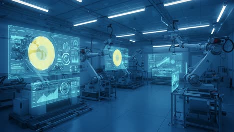 futuristic robotics lab showcasing advanced industrial automation and interactive digital displays enhancing manufacturing processes in a high-tech environment