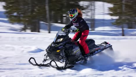 woman snowmobiling in winter landscape
