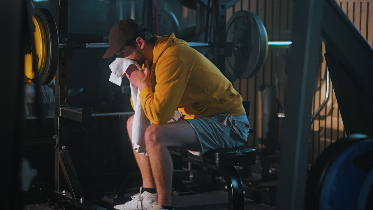 Side View of Man Resting in Dim Gym After Intense Workout