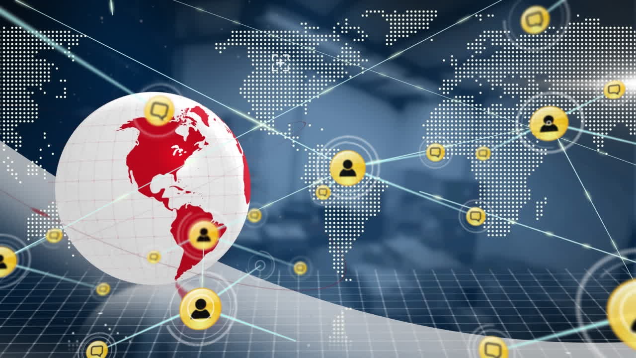 연결된 프로파일 및 메시지 아이콘의 애니메이션 지구와 지도 오버 오피스