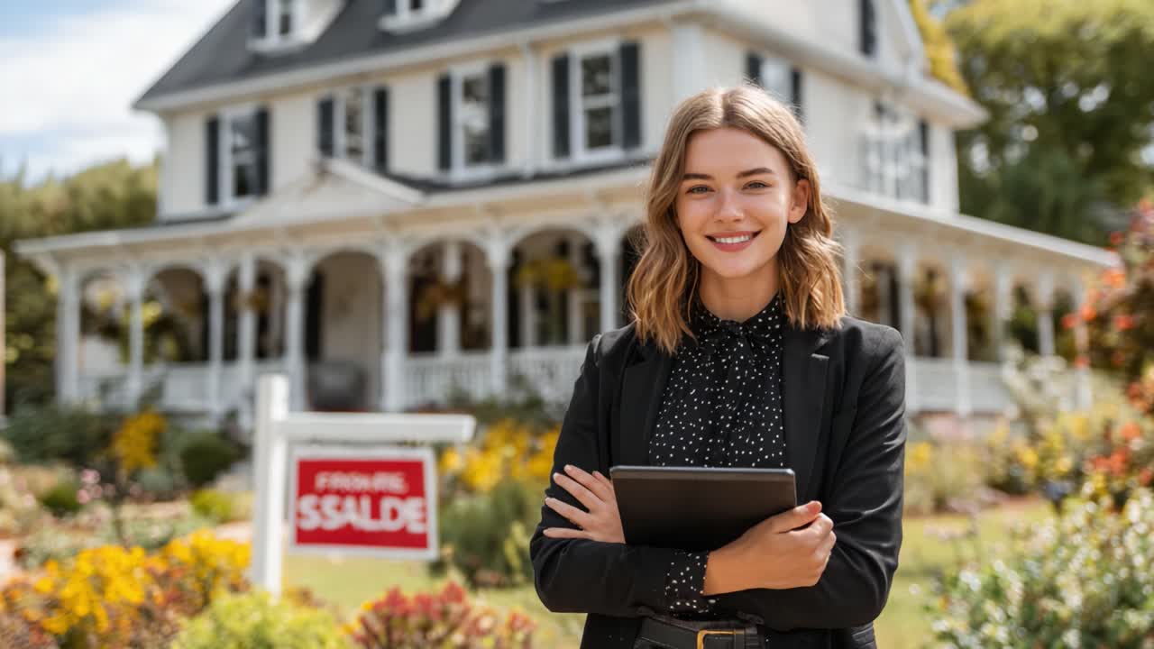 A confident real estate agent stands outside a charming house, ready to assist potential buyers with expert knowledge and a friendly smile, showcasing professionalism and approachability
