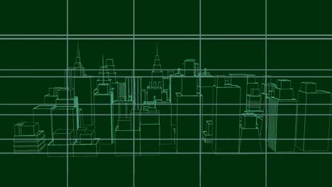 Animation of 3d architecture city drawing spinning over grid