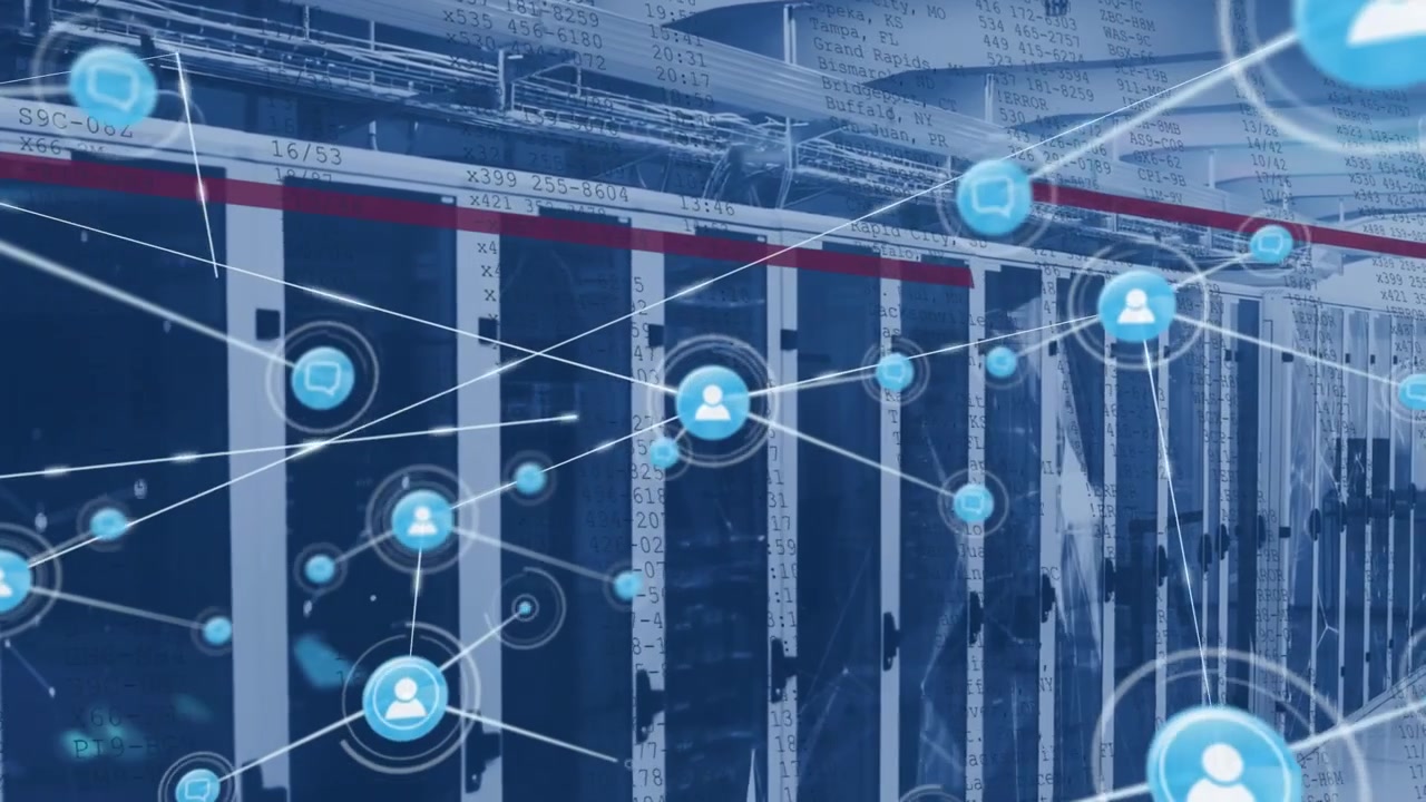 Animation of network of connections with people icons over computer servers