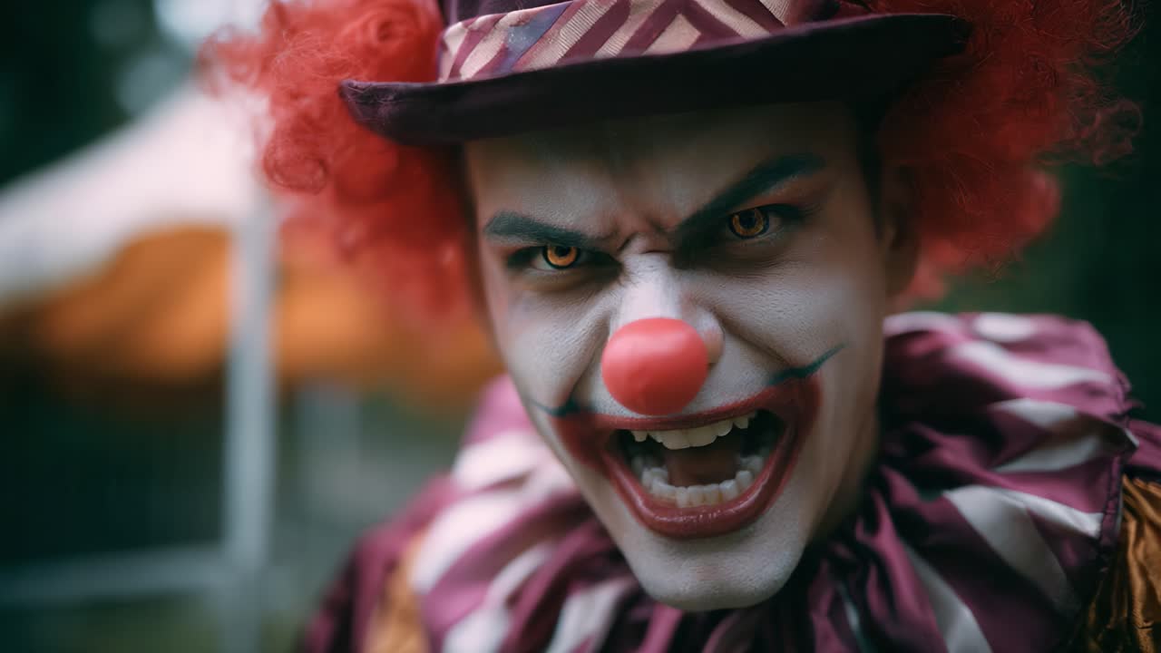 Dramatic Close-Up of an Intense Clown with Red Hair and Menacing Expression, Capturing the Essence of Fear and Intrigue in a Captivating Portrait