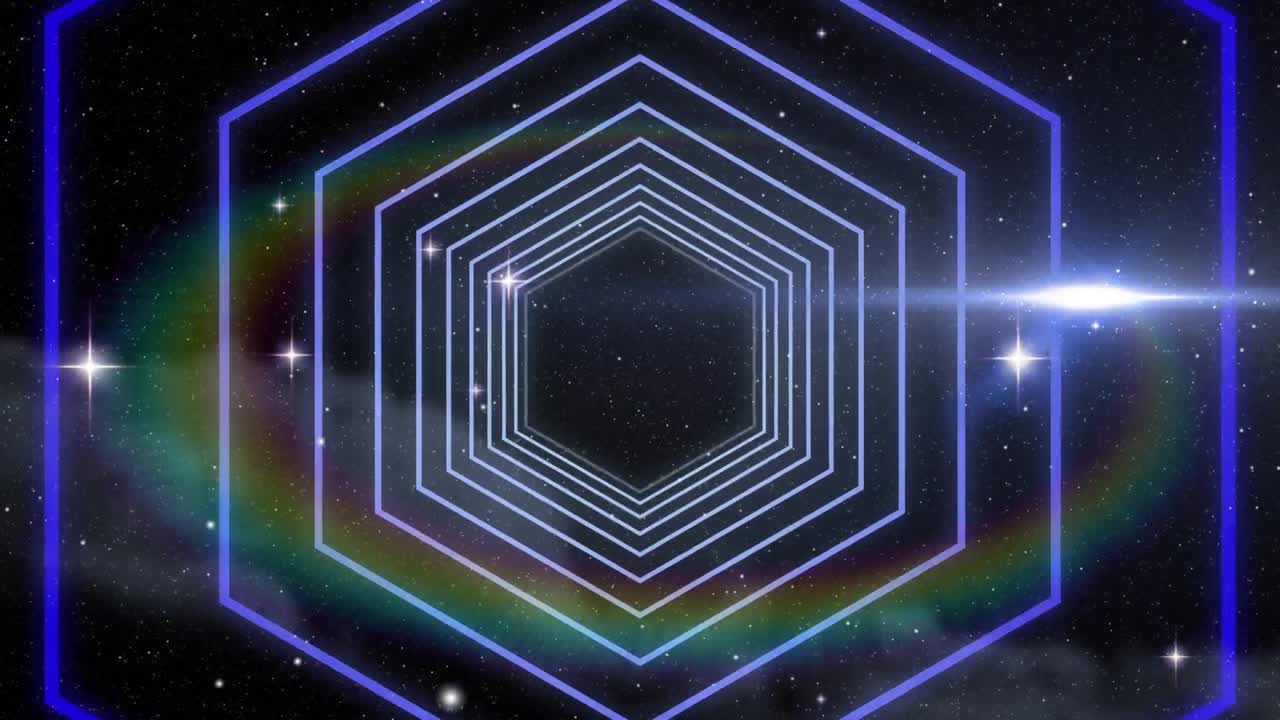 우주 에서 빛나는 별 들 과 대비 하여 원활 한 움직임 을 보이는 육각형 모양 의 디지털 애니메이션
