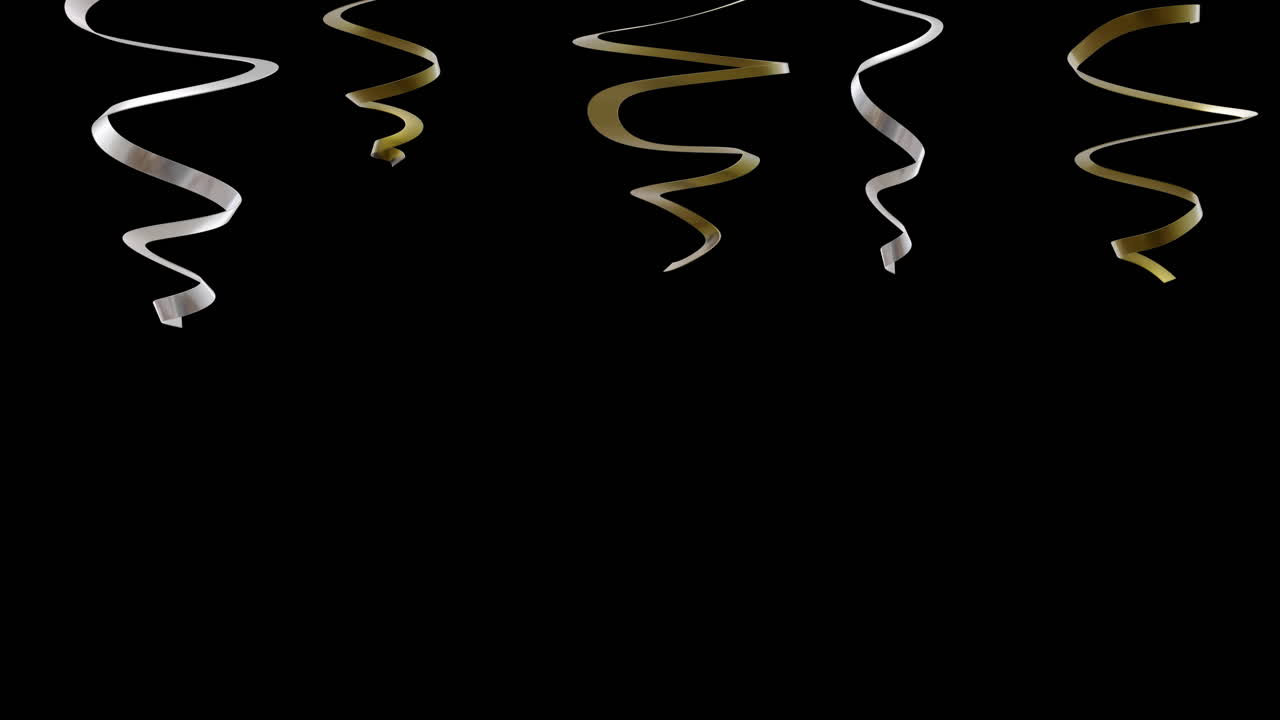 Animation of gold and silver streamers on black background