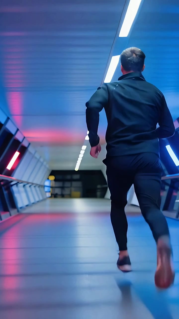Vertikal video: Upptäcker utgång, vuxen man springer i sportkläder längs neonbro med LED-sken