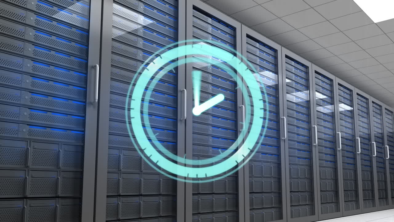 Animation of clock moving fast over computer servers in tech room