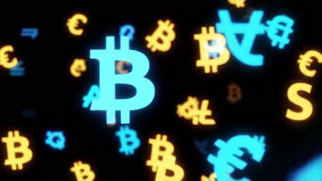 abstract glowing cryptocurrency symbols