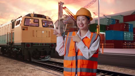 asian female engineer with safety helmet smiling and pointing to side with freight cargo train at port