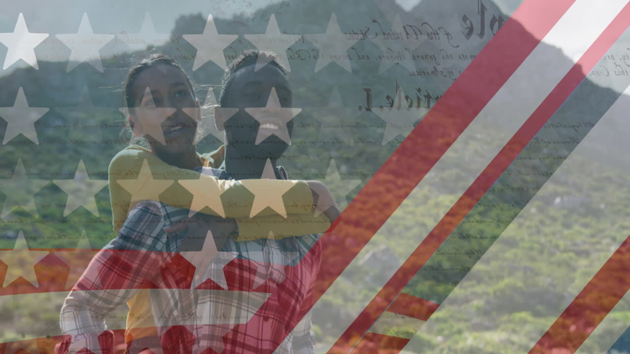 미소 짓는 다양한 커플이 산에서 포옹하는 미국  ⁇ 발의 애니메이션