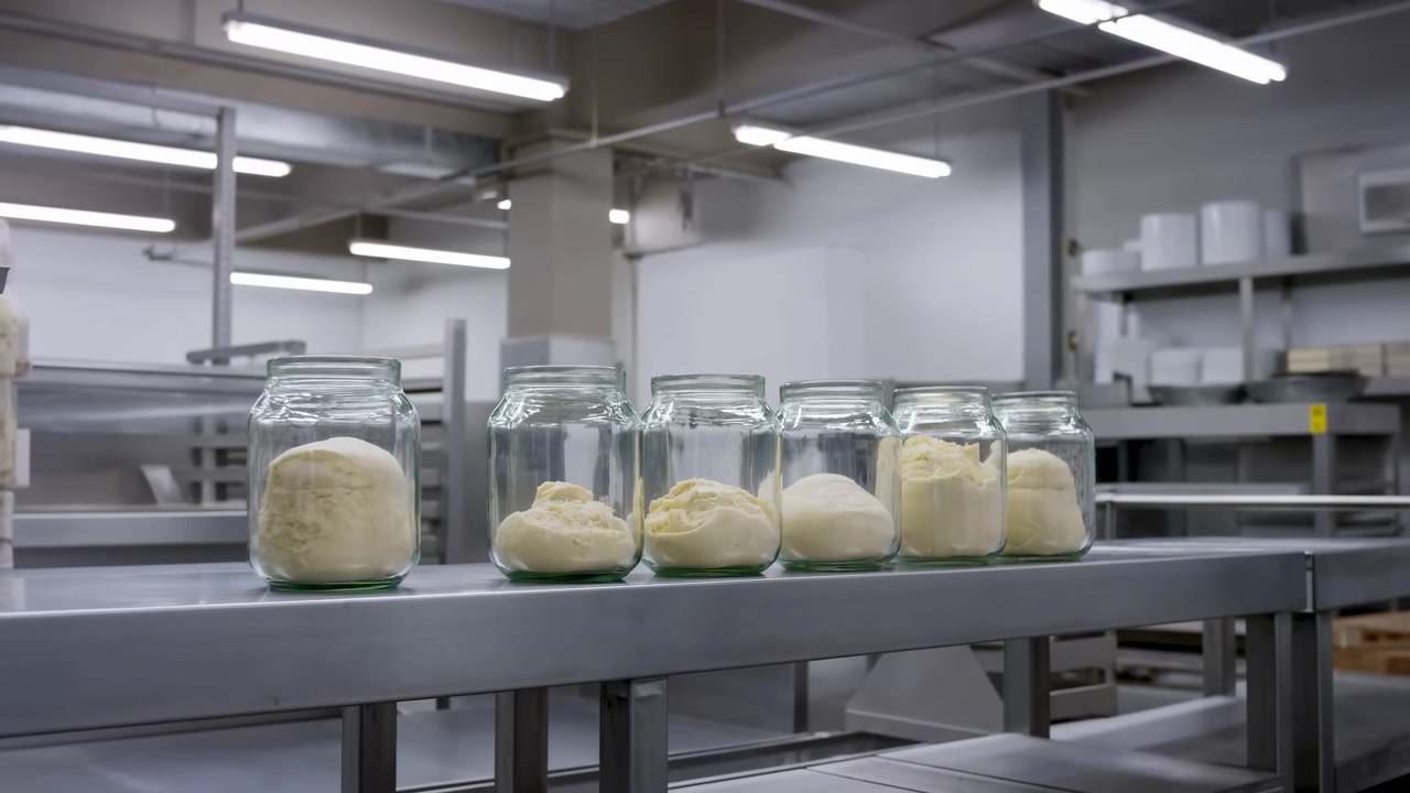 Five clear glass jars lined on stainless steel worktable in industrial bakery, each jar containing pale dough portions that vary from compact rounded balls to slightly flattened cracked forms, with